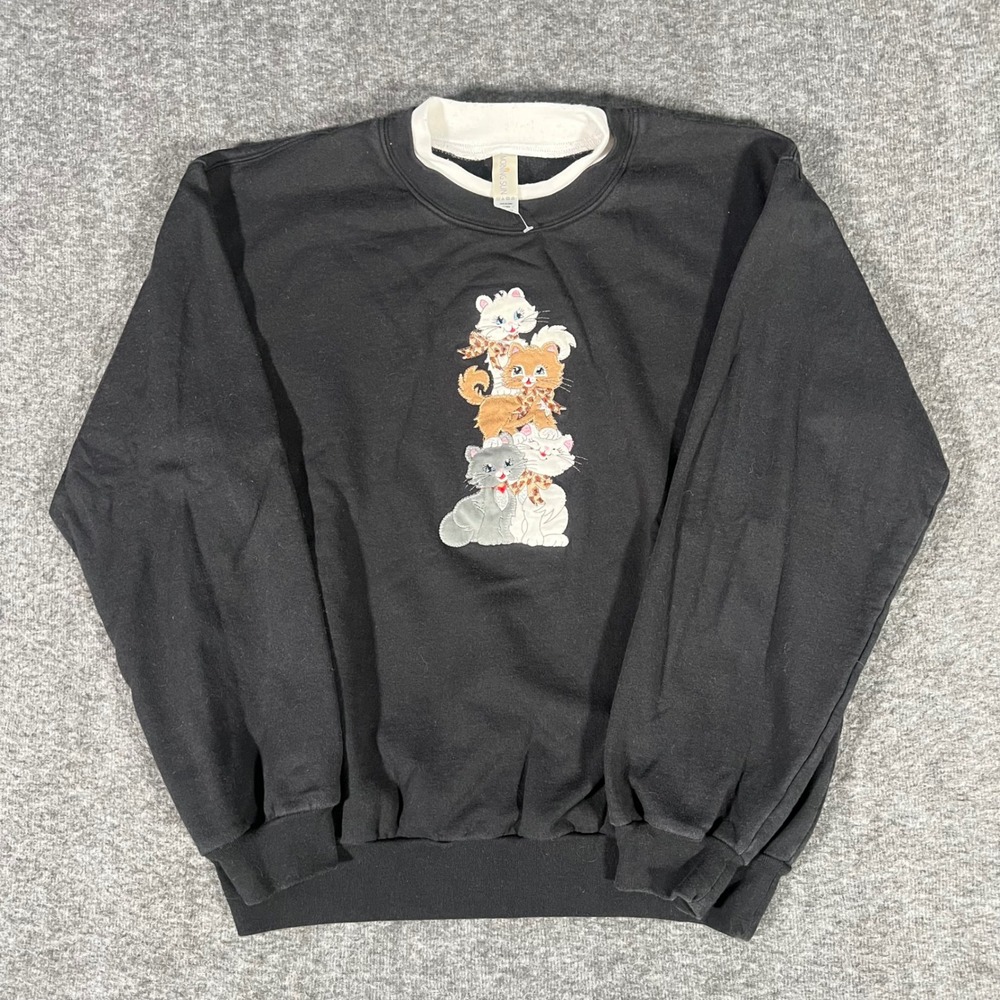 Vintage Morning Sun Kitten Stack Sweatshirt Black Double Collar Embroidered Med